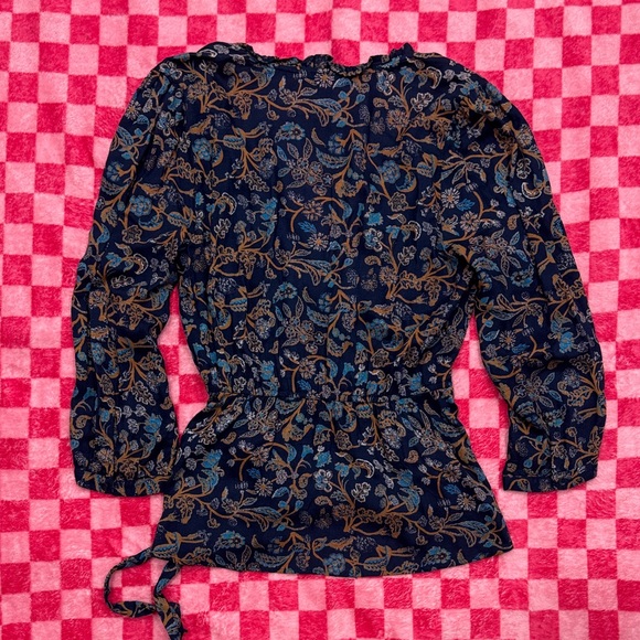 Lucky Brand Navy Floral Wrap Top with Orange Accents - Picture 6 of 6